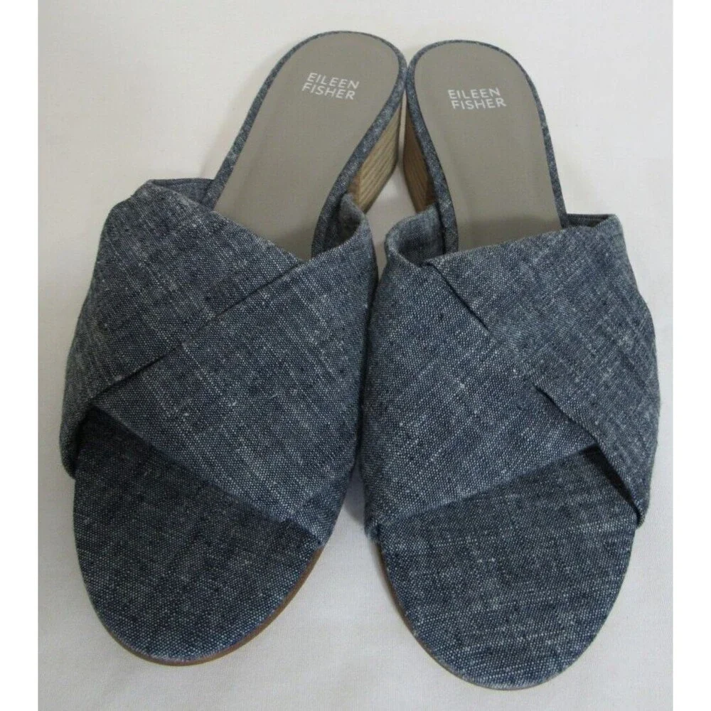 Eileen Fisher Blue Ruche Chambray Slip On Vero Cuoio Heels Size 9.5 NWOT